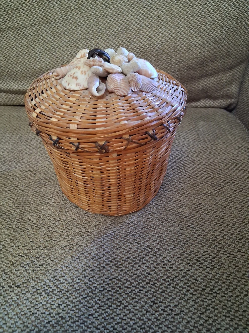 Vintage Woven Rattan Lidded Seashell Basket